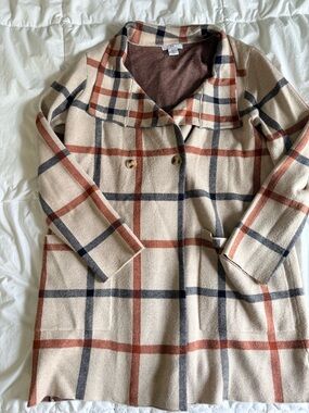 Halston Heritage Cream, Navy & Rust Plaid Knit Sweater Jacket